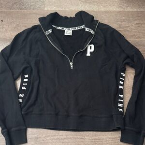 PINK Victoria's Secret Black Half-Zip Pullover with White Sleeve Logo